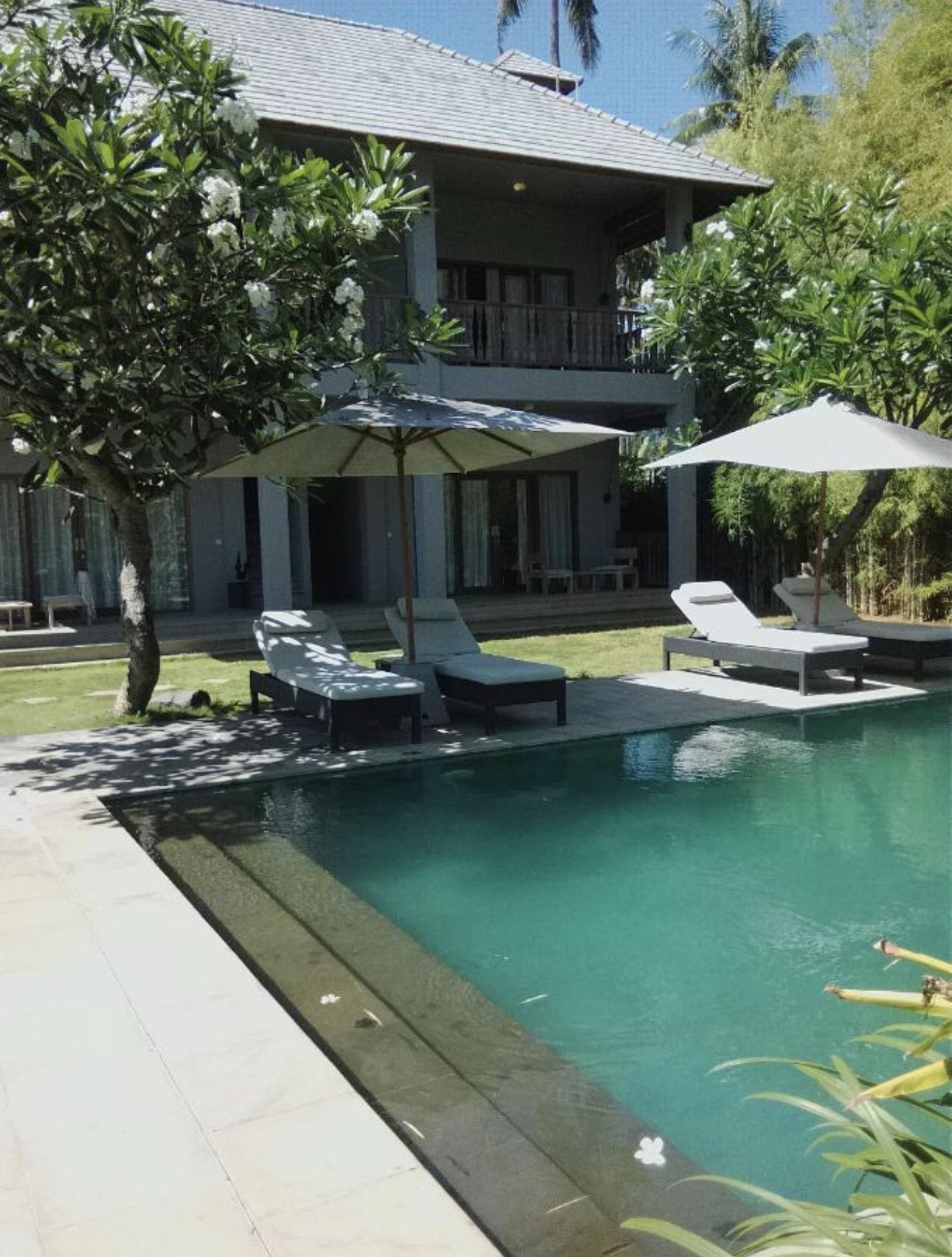 Exterior de la villa con piscina y jardín de palmeras